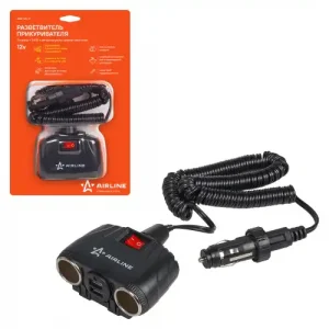 разветвитель прикуривателя ! 2 гнезда + 2USB, витой шнур, штекер-фиксатор ASP-2U-11 AIRLINE