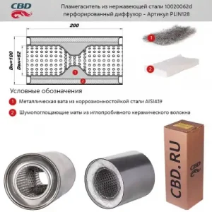 ПЛАМЕГАСИТЕЛЬ С ПЕРФОРИРОВАННЫМ ДИФФУЗОРОМ НЕРЖ.СТАЛЬ 100 Х 200 Х 62 PLIN128 CBD
