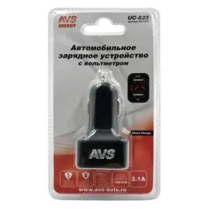 адаптер автомобильный! 2 порта USB 3А с вольтметром, черный, блистер A07444S AVS