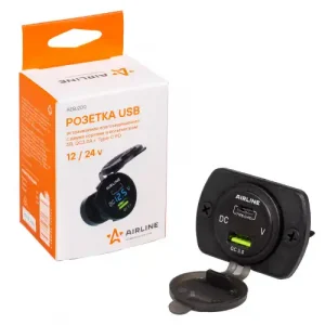 розетка USB! встраиваемая влагозащ. с 2 портами и вольтметром (5В, QC3.0 + Type-c PD) AEBJ200 AIRLINE